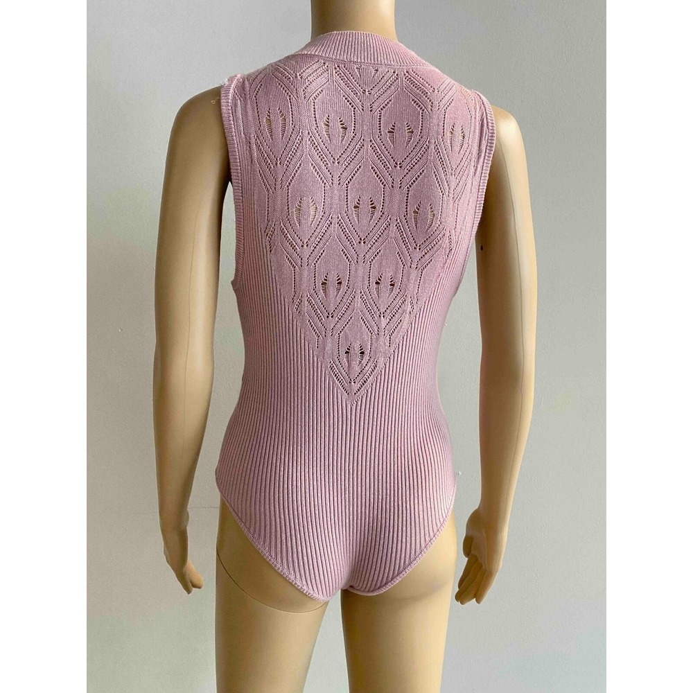 Free People Pink Ribbed On Point Yoke High Mock Neck Bodysuit Sleeveless S - Picture 5 of 9